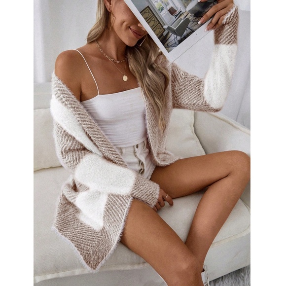 Fuzzy Duster Cardigan Open Long Sleeve Colorblock White Tan - Picture 2 of 8